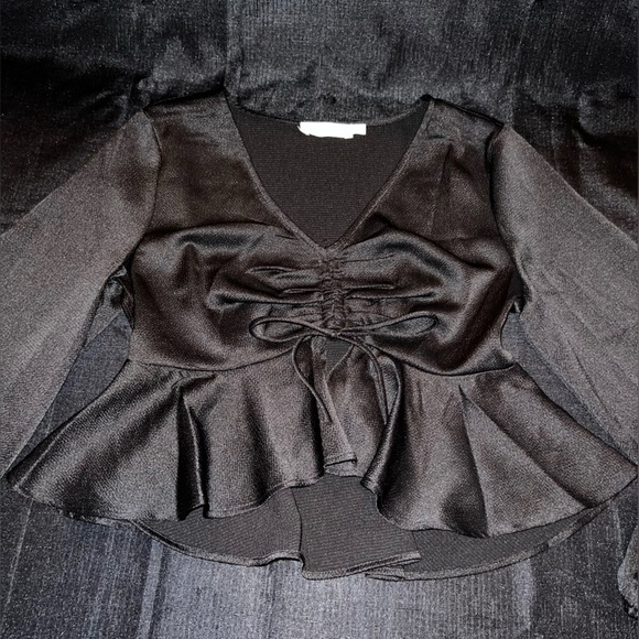 All in Favor Tie Front Satin Peplum Top in Black - Picture 4 of 10